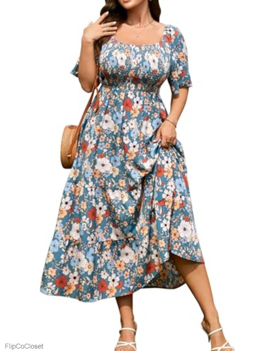 Boho Smocked Maxi Dress Plus Size Square Neck Short Sleeve